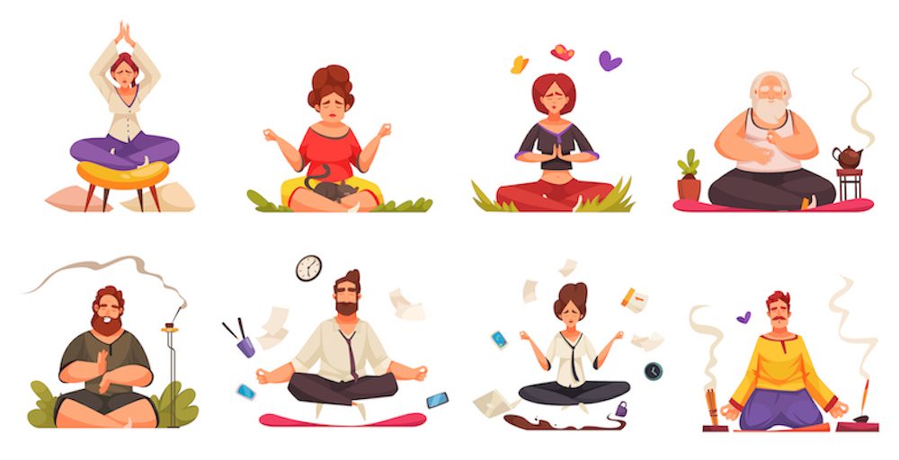 Meditation yoga practice relaxation in lotus pose outdoor home in office 8 cartoon compositions isolated vector illustration